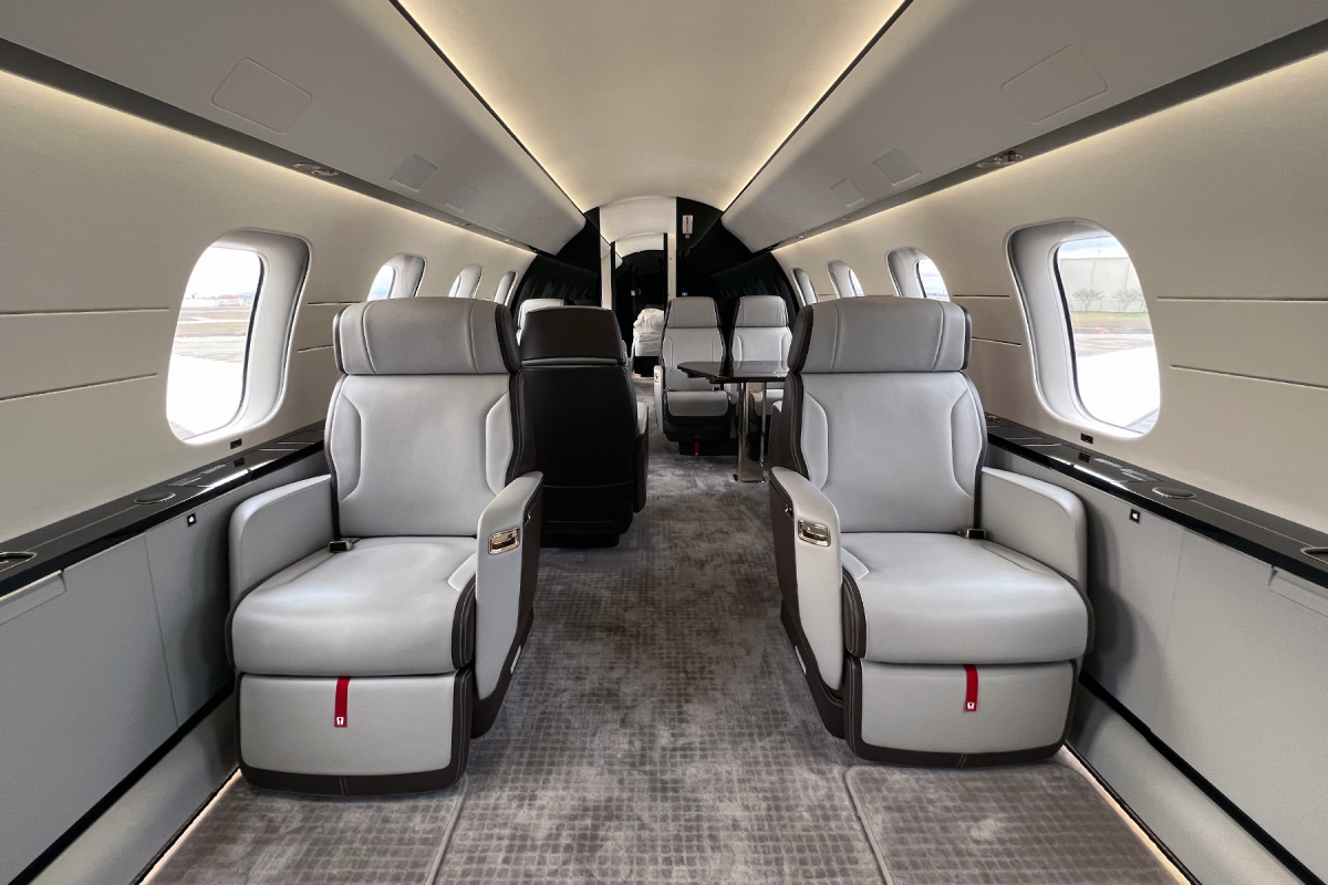 Interior of the ultra-long range, large cabin Bombardier Global 7500, that features four zones.