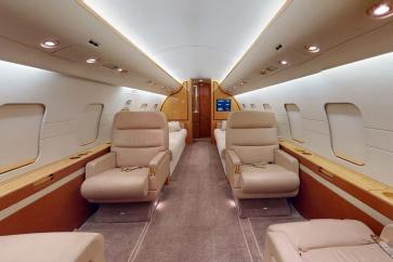 View of the Bombardier Challenger 604 private jet cabin.